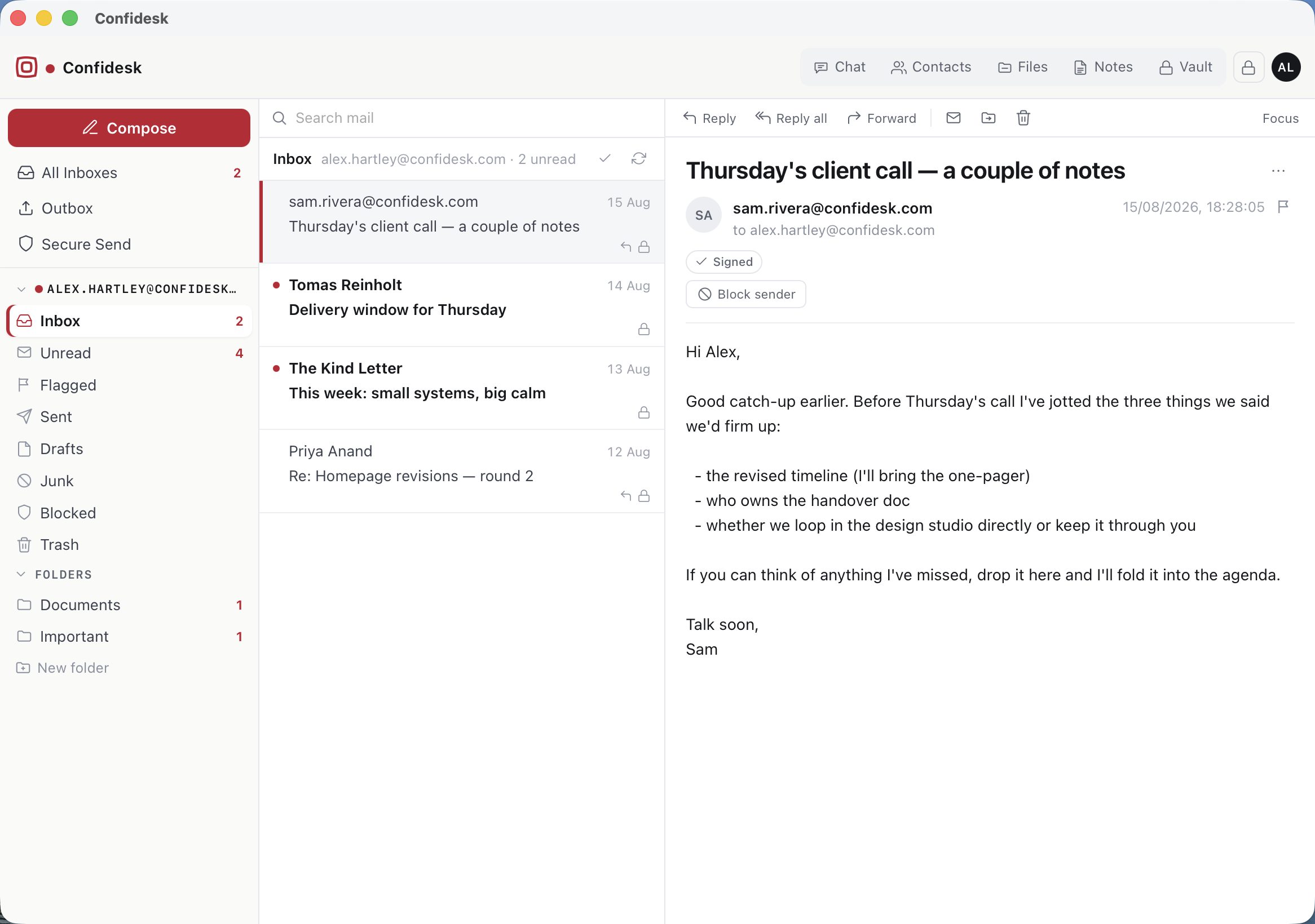 The desktop app's mail view: folders, message list with search, and the open message