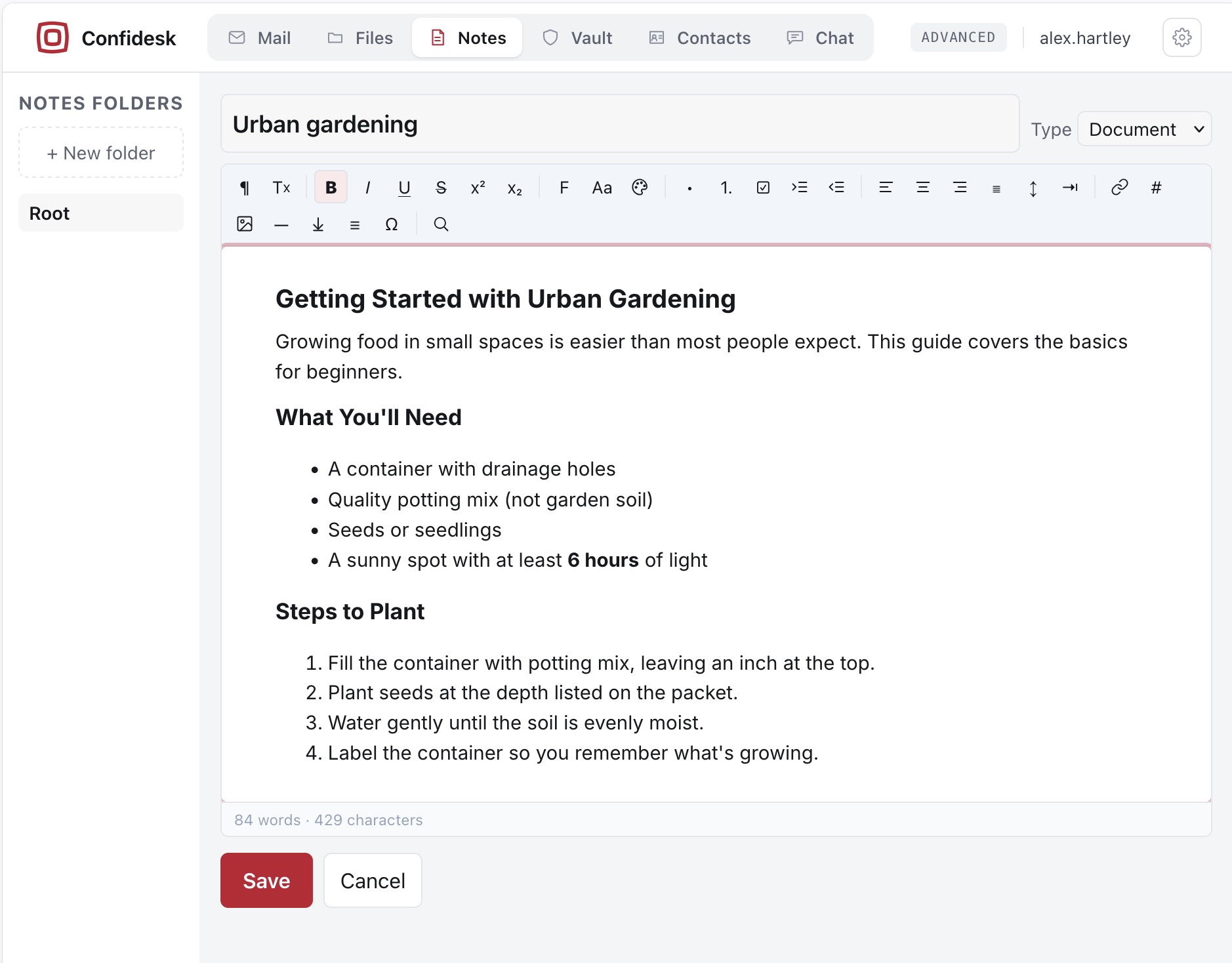 The document editor with its formatting toolbar and a formatted document