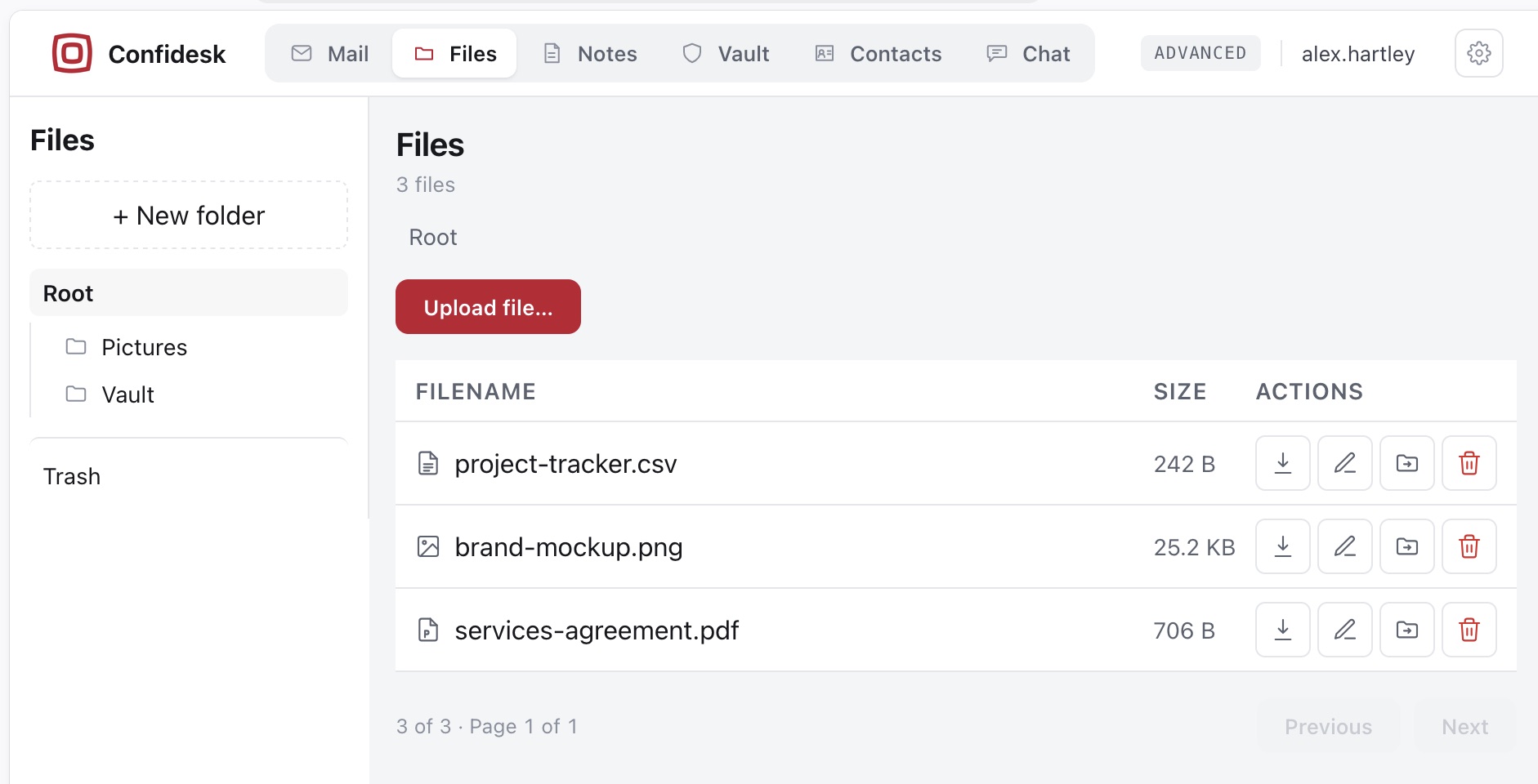 Confidesk Files with folders on the left and per-file download, edit, move and delete actions