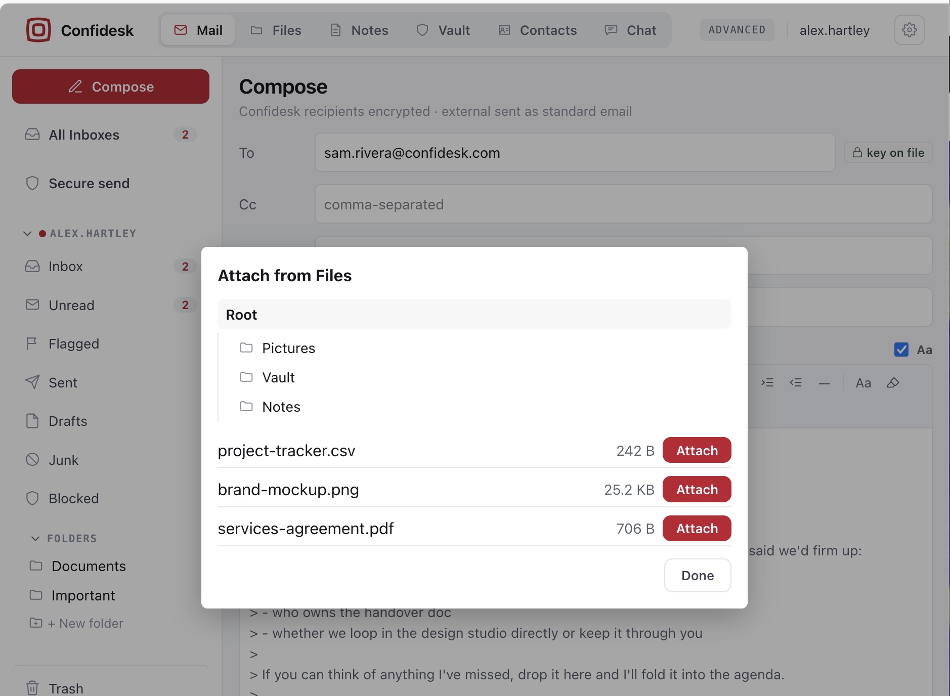 The Attach from Files dialog listing folders and files from encrypted storage with Attach buttons