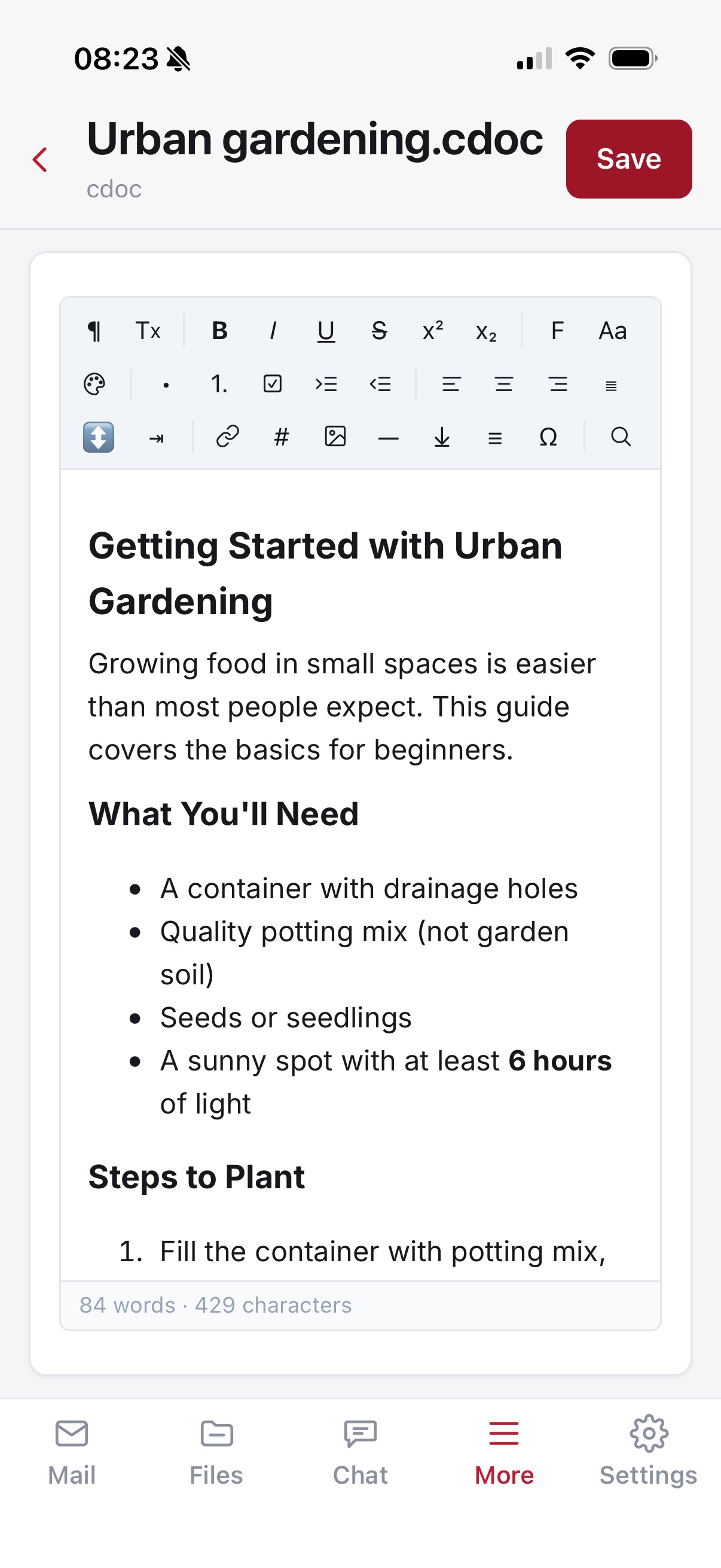 The document editor on the iPhone with its formatting toolbar